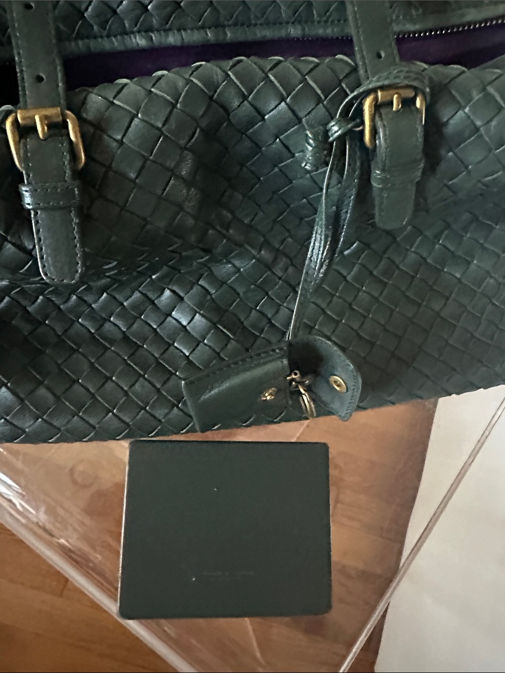 Bottega Veneta Dark Green Intrecciato Leather Shoulder Bag with Purple Interior - Picture 3 of 9
